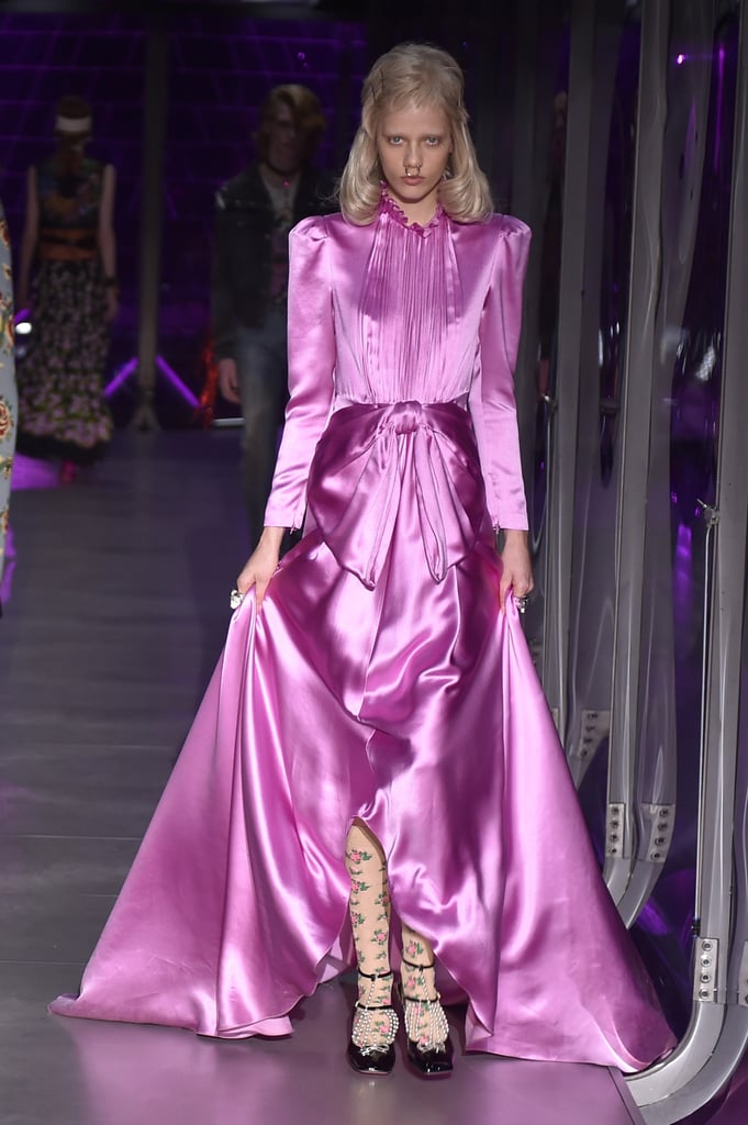 The dress first popped up on Gucci's Fall 2017 runway in a pink color.