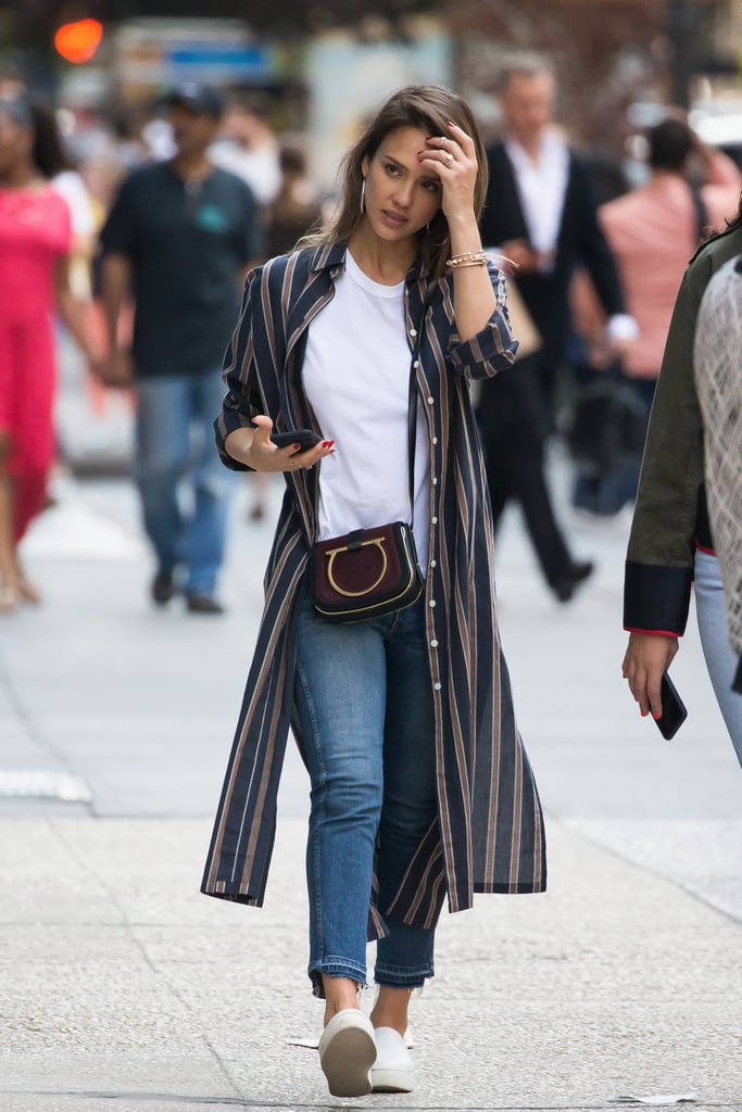 Jessica Alba Wearing a Striped Duster Coat