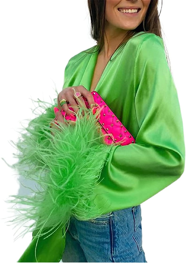 Slime Green Perfection: Feathered Long-Sleeve Tie-Front Blouse