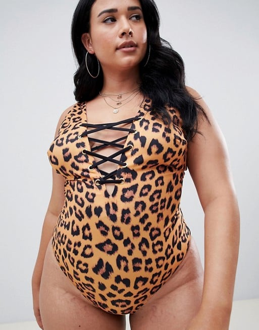 Wolf & Whistle Curve Lace-Up Swimsuit in Leopard Print