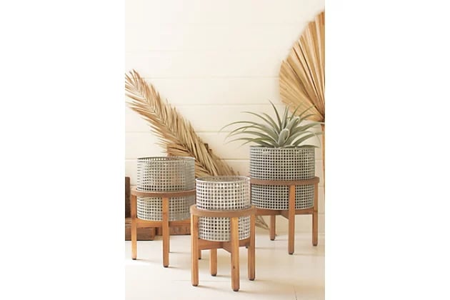 Woven Metal Planters with Wood Stands