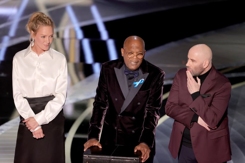 "Pulp Fiction" Costars Uma Thurman, Samuel L. Jackson, and John Travolta at the 2022 Oscars