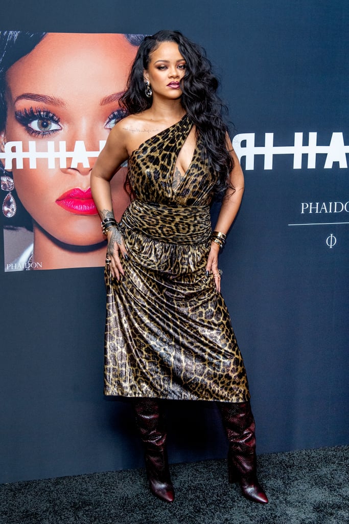 Rihanna Wears Leopard Print Dress and Snakeskin Boots