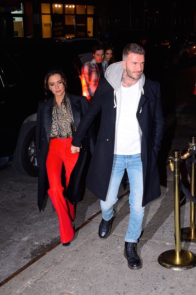 Victoria Beckham Red Pants and Snakeskin Blouse January 2019