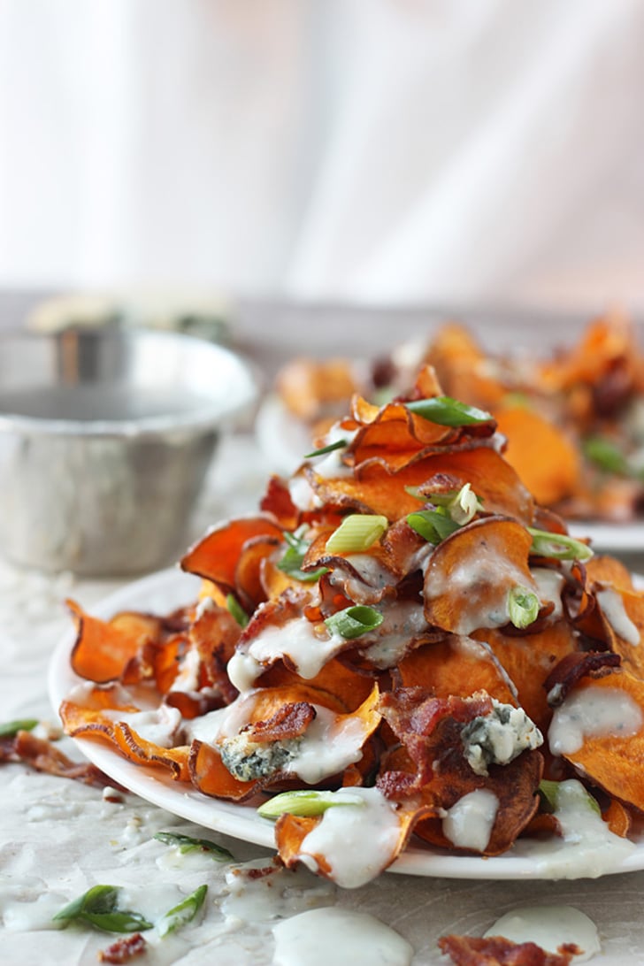 Baked Sweet Potato Chips With Blue Cheese Sauce, Bacon, and, Scallions