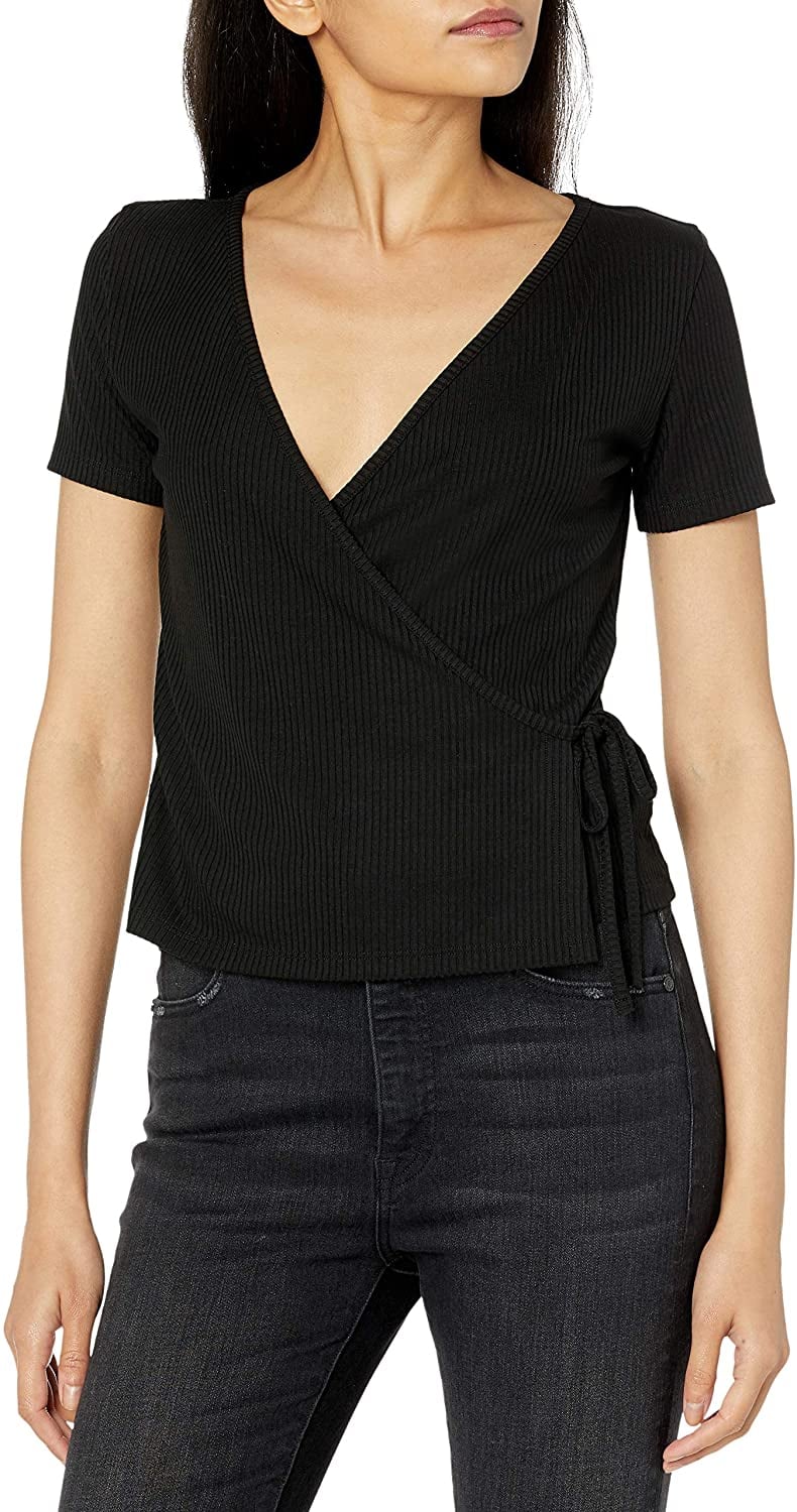 The Drop Melissa Short-Sleeve Faux Wrap Rib-Knit Top