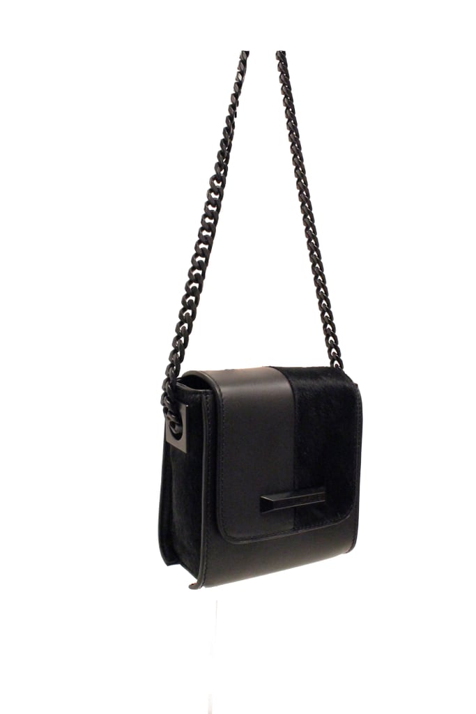 Violet Leather & Calf Hair Chain Crossbody Bag in Black ($225)