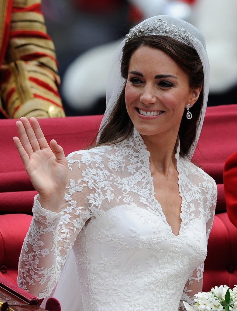 On her wedding day in 2011, Kate's gorgeous blowout was nestled under a delicate crown and long veil.