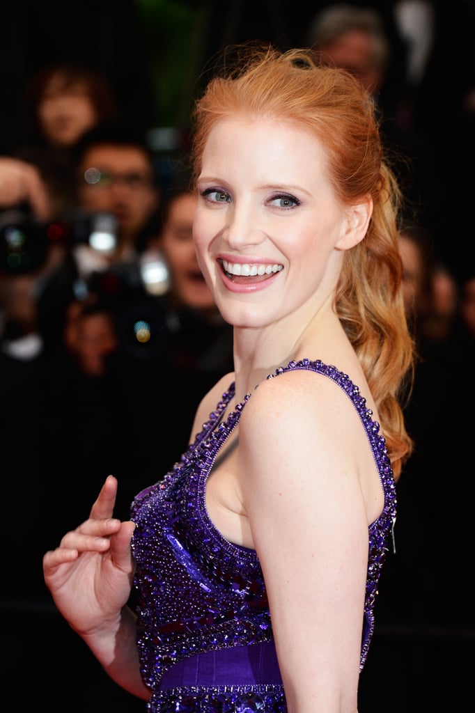 For her night out in Cannes on the All Is Lost red carpet, Jessica Chastain went for a tousled ponytail with natural makeup that played up her eyes.