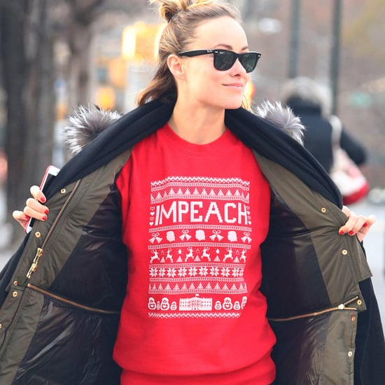 Olivia Wilde Wearing "Impeach" Holiday Sweater 2017