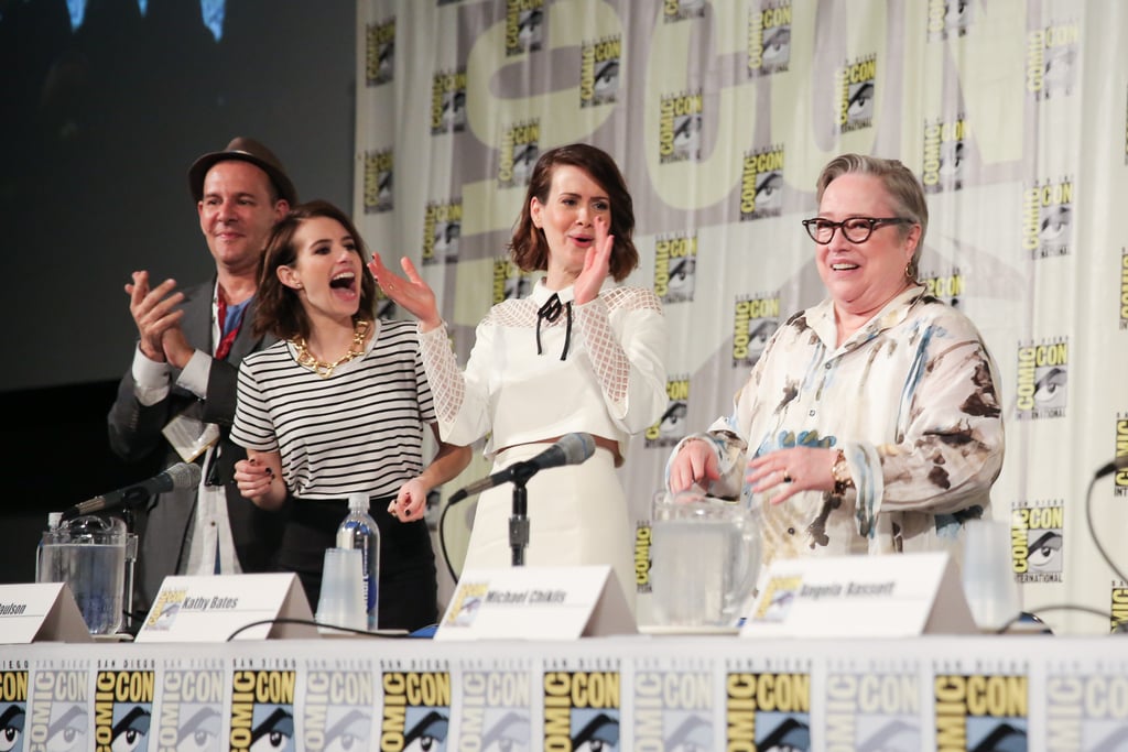 Emma Roberts, Sarah Paulson, and Kathy Bates had a special moment while discussing American Horror Story: Coven on Saturday.