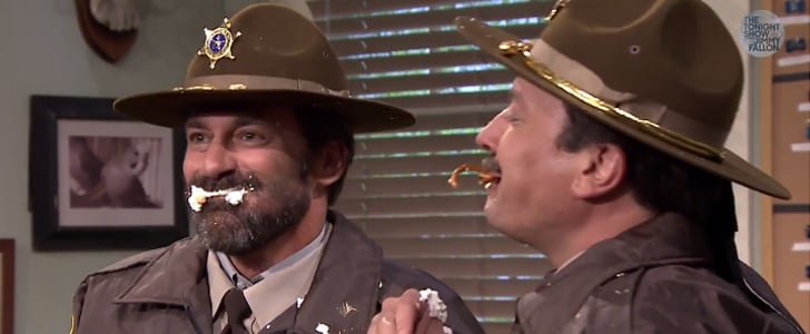 Jon Hamm and Jimmy Fallon Spit Food on Each Other | Video