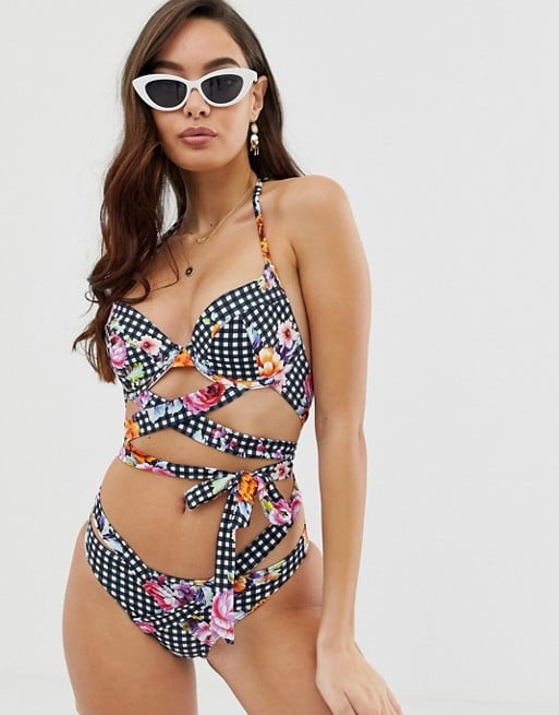 ASOS Wrap Plunge Bikini Top and Bottoms in Textured Floral Gingham Print