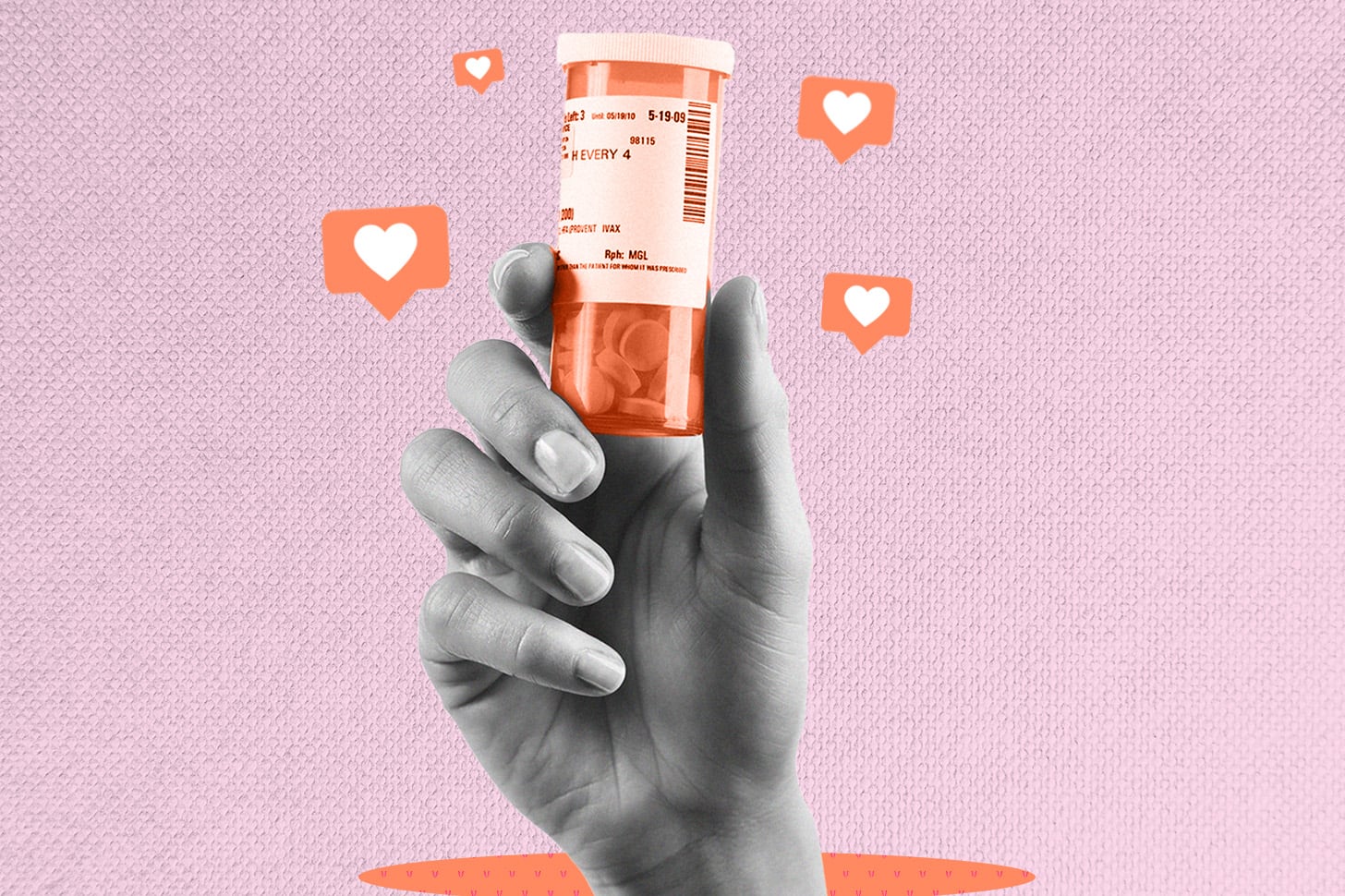 Black and white hand holding up a bottle of pills on a pink backdrop. 