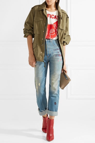 Gucci Embroidered Distressed High-Rise Straight Leg Jeans
