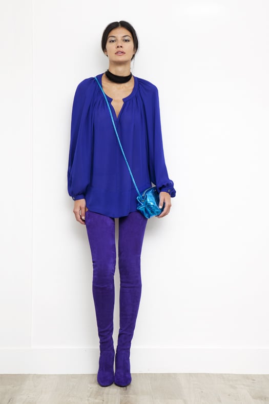 Peasant Blouse in Electric Blue Silk, Sweet Revenge Stretch Suede Legging Boot in Purple, Sunset Watersnake Small Cross Body in Turquoise.
Photo courtesy of Tamara Mellon Peasant Blouse in Electric Blue Silk, Sweet Revenge Stretch Suede Legging Boot in Purple, Sunset Watersnake Small Cross Body in Turquoise.
Photo courtesy of Tamara Mellon