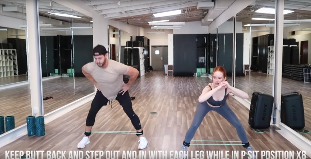 Put those ankle bands back on, get into a squat position, and step out and in with alternating legs while keeping your butt back.
