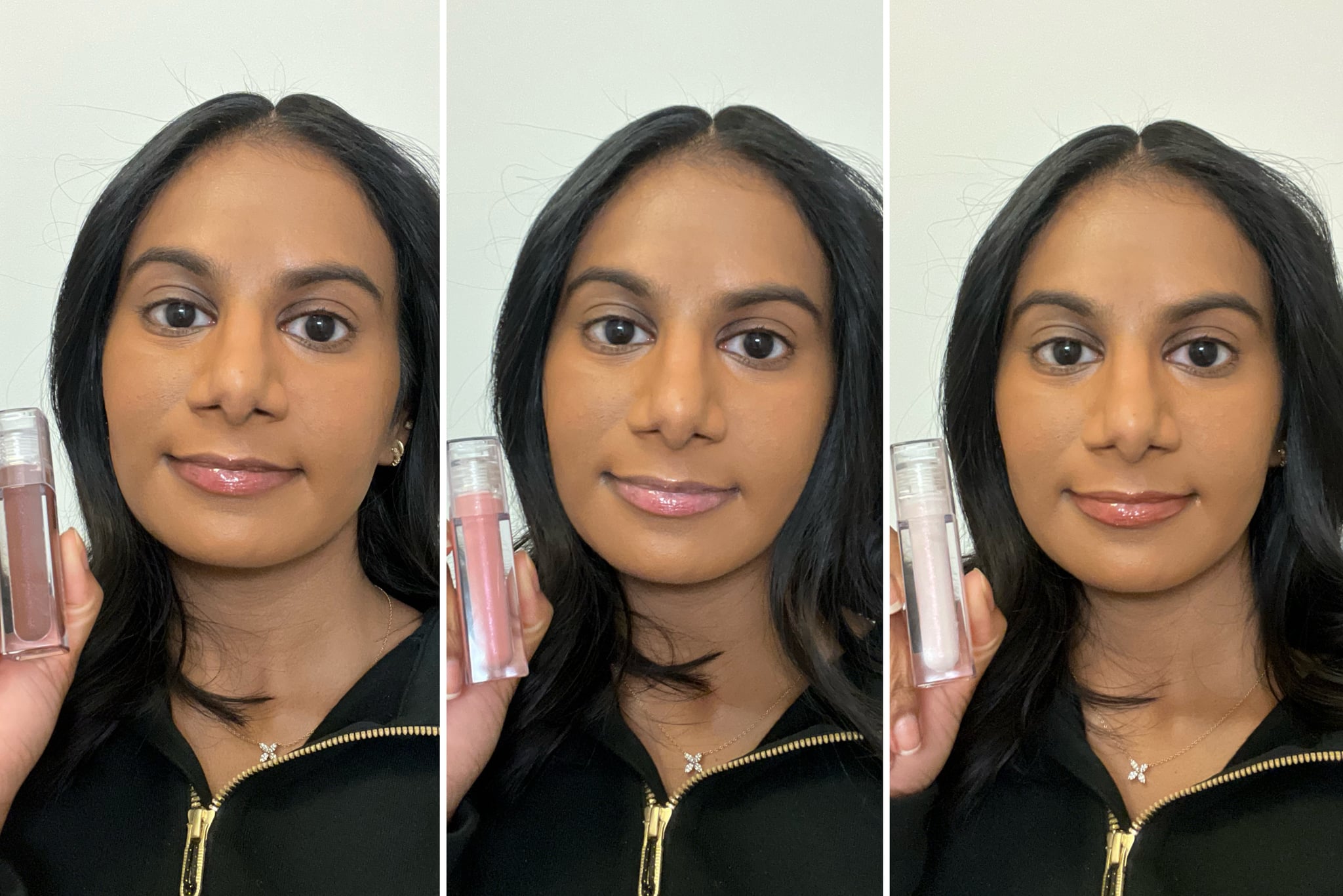 Woman trying the Icy Nude aux Filler Lip Glosses in She Fire, She Flirty, and She Glitzy.