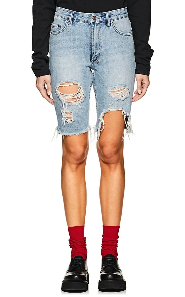 distressed long denim shorts