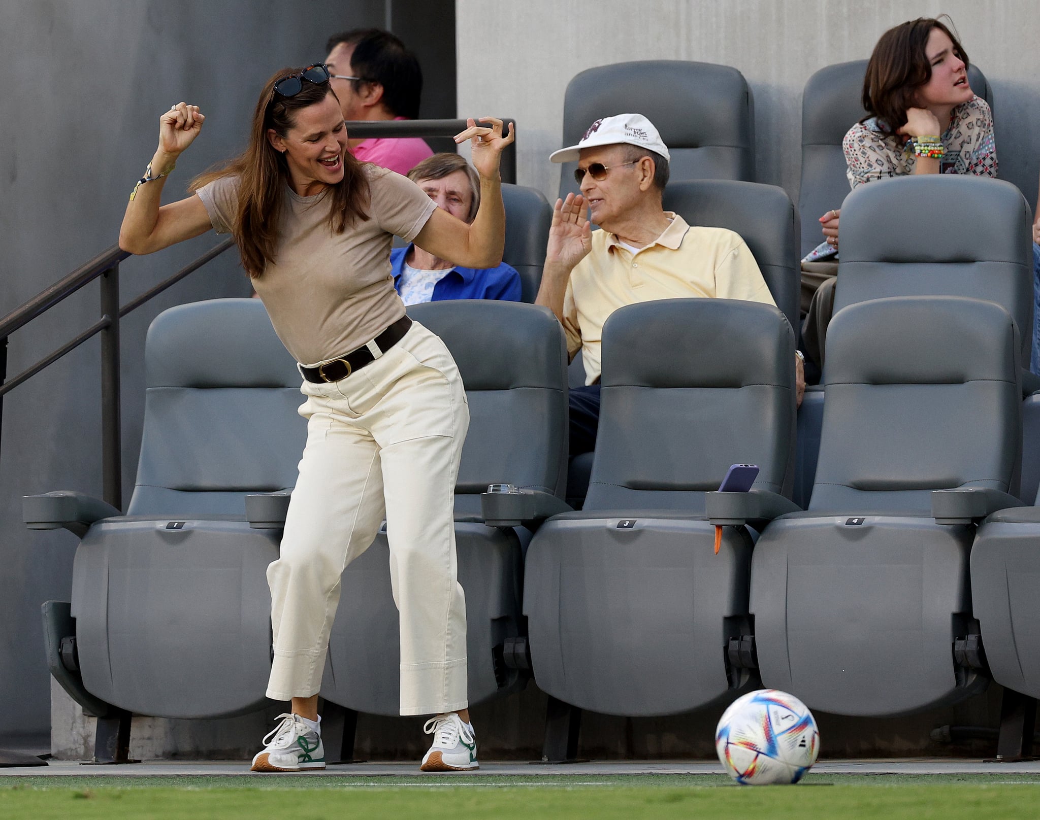 Actress Jennifer Garner dances on the field during a 2-0 Angel City FC loss to Mexico.