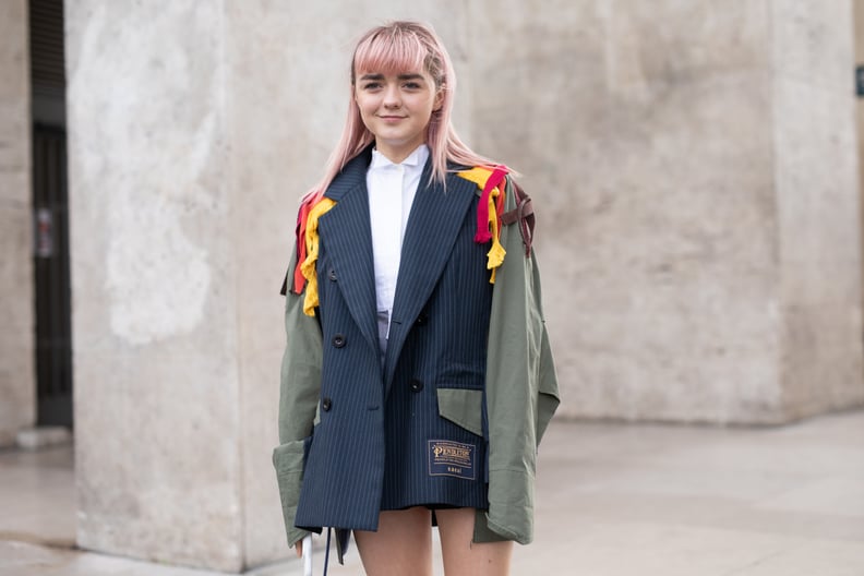 PARIS, FRANCE - MARCH 04: Maisie Williams is seen on the street attending SACAI during Paris Fashion Week AW19 wearing Sacai blazer on March 04, 2019 in Paris, France. (Photo by Matthew Sperzel/Getty Images)