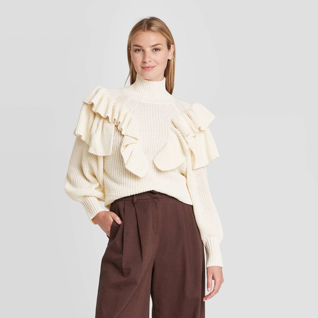 Prologue Ruffle-Sleeve Mock Turtleneck Pullover Sweater