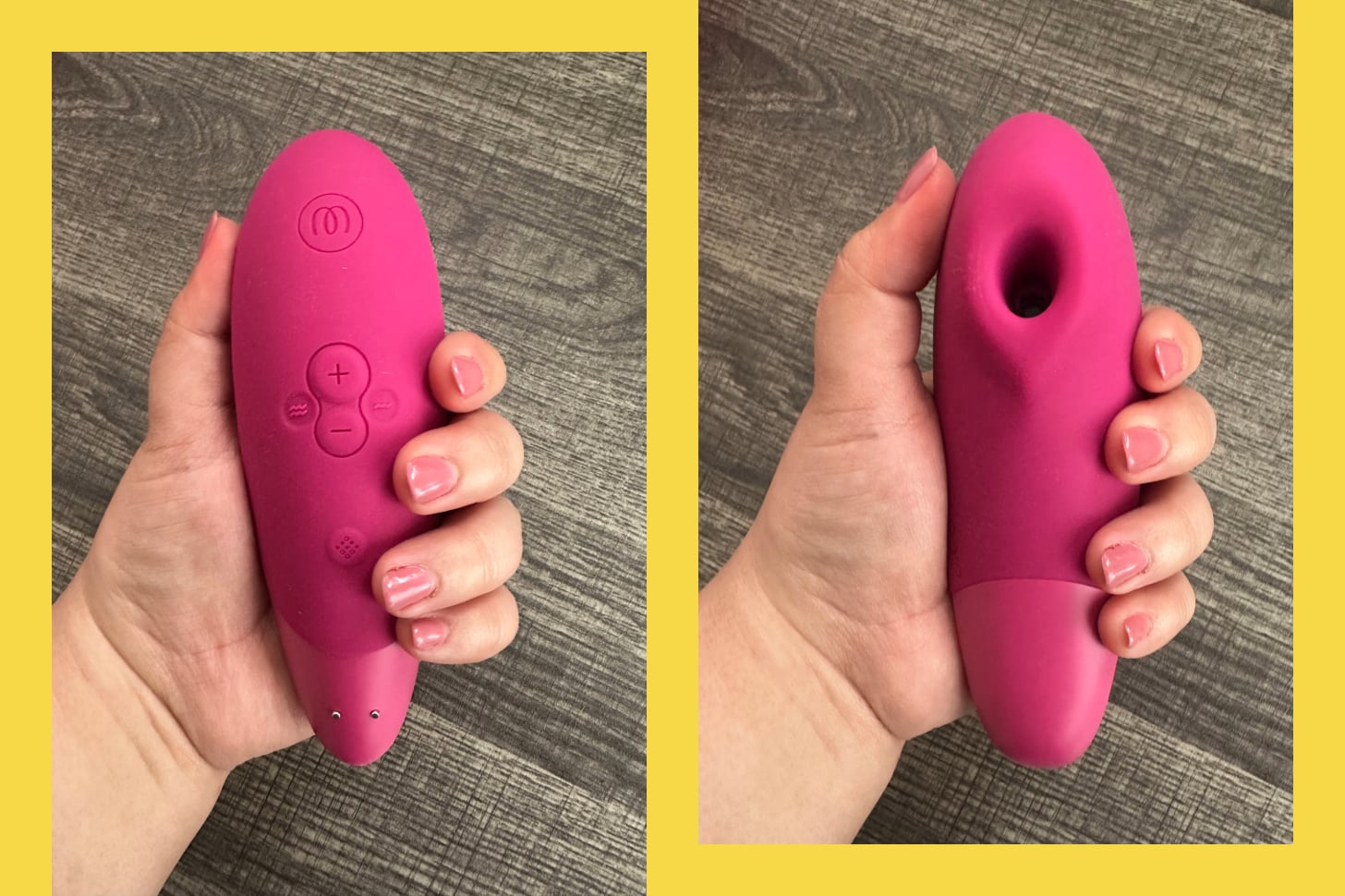 Side by Side Image of the Front of Womanizer Enhance Vibrator and Back Side of Womanizer Enhance Vibrator