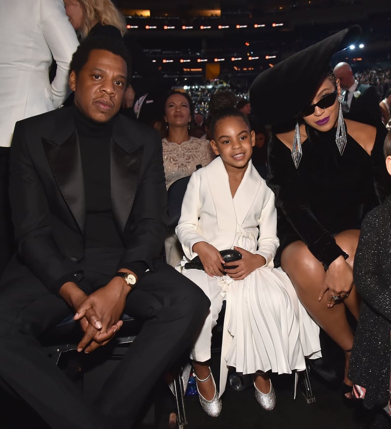 NEW YORK, NY - JANUARY 28:  Recording artist Jay Z, daughter Blue Ivy Carter and recording artist Beyonce attend the 60th Annual GRAMMY Awards at Madison Square Garden on January 28, 2018 in New York City.  (Photo by Kevin Mazur/Getty Images for NARAS)