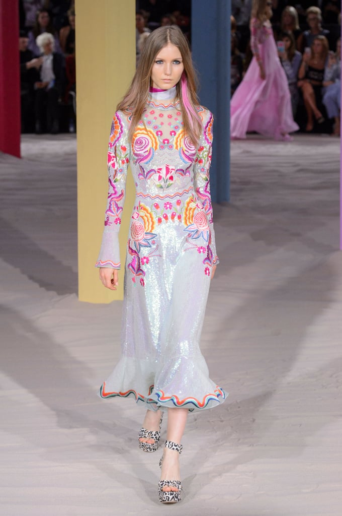 While it's the same style, this number is quite jazzy thanks to a flash of metallics and plenty more color. We think Kate could pull it off with ease, slipping into taupe court shoes instead of platforms, of course.
Temperley Spring 2017.