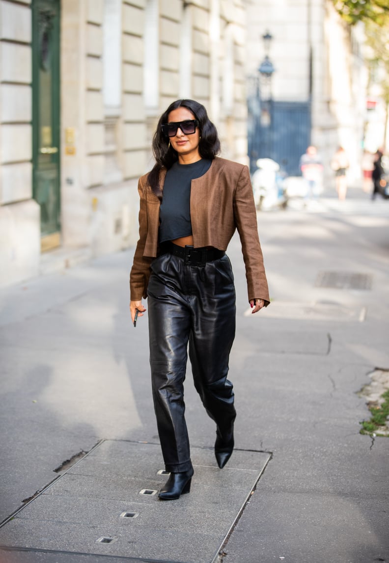 Leather Pants Outfit Idea: Leather Jacket + Crop Top