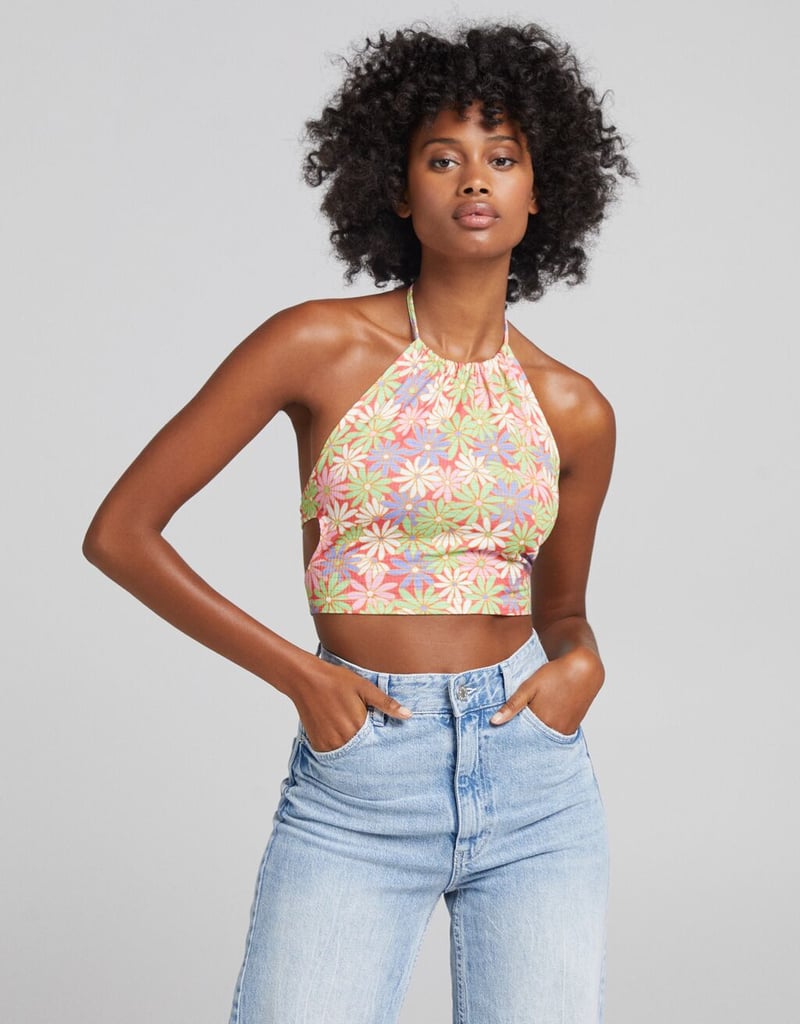 Bershka Printed Halter Top With Lace Up Detail