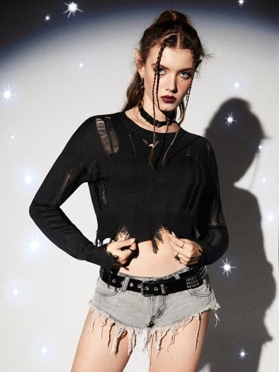 Shein Solid Ripped Crop Sweater