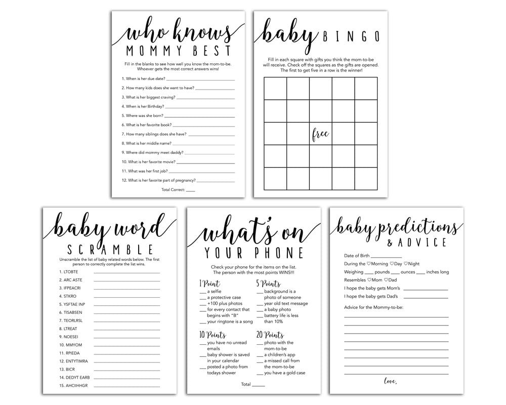 Scramble Mommy & Daddy and Easy to Play Unique Pack of 5 Different Games & Activities by The Chic Mom Company Who Knows Mommy Fun Bingo Baby Shower Games 25 Cards Each | Baby Predictions