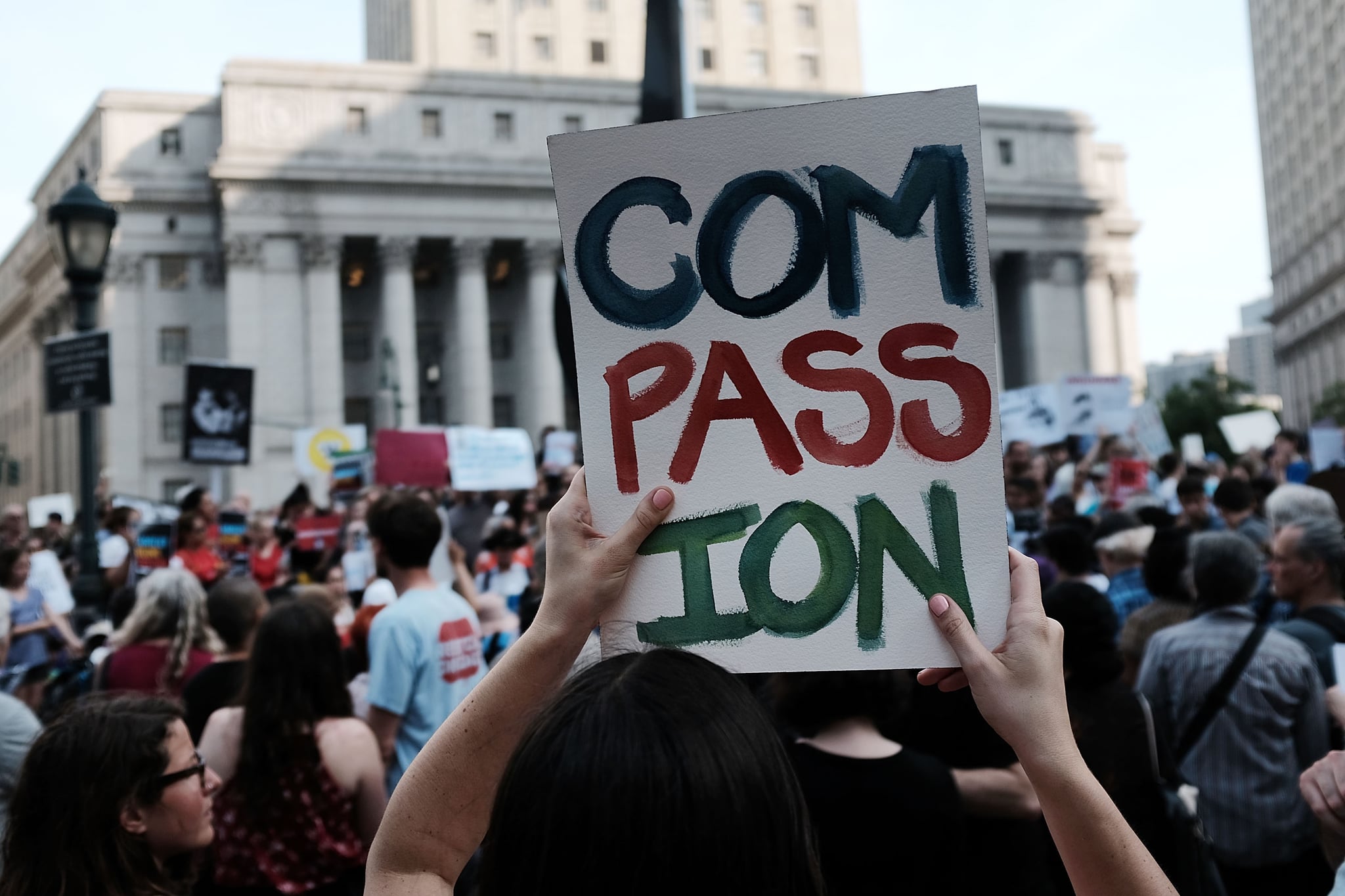 NEW YORK, NY - JUNE 01:  Hundreds of immigrant rights advocates and others participate in rally and and demonstration at the Federal Building in lower Manhattan against the Trump administration's policy that enables federal agents to take migrant children away from their parents at the border on June 1, 2018 in New York, United States. In coordinated marches across the country people are gathering outside U.S. Immigration and Customs Enforcement (ICE) field offices, U.S. attorney's offices, and the Deparment of Justice headquarters in Washington, D.C., to put increasing pressure on the Trump administrationÕs family separation policy at the border.  (Photo by Spencer Platt/Getty Images)