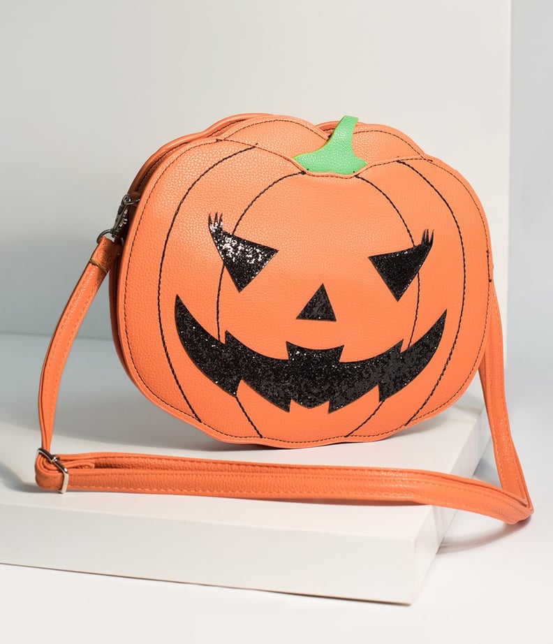 Orange Leatherette Pumpkin Jack-o'-Lantern Crossbody Purse