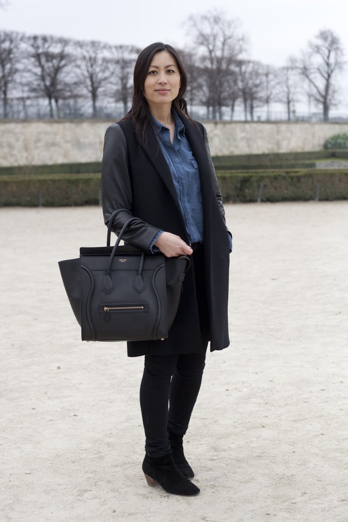 Slick leather sleeves up the ante on slim separates.
Slick leather sleeves up the ante on slim separates.