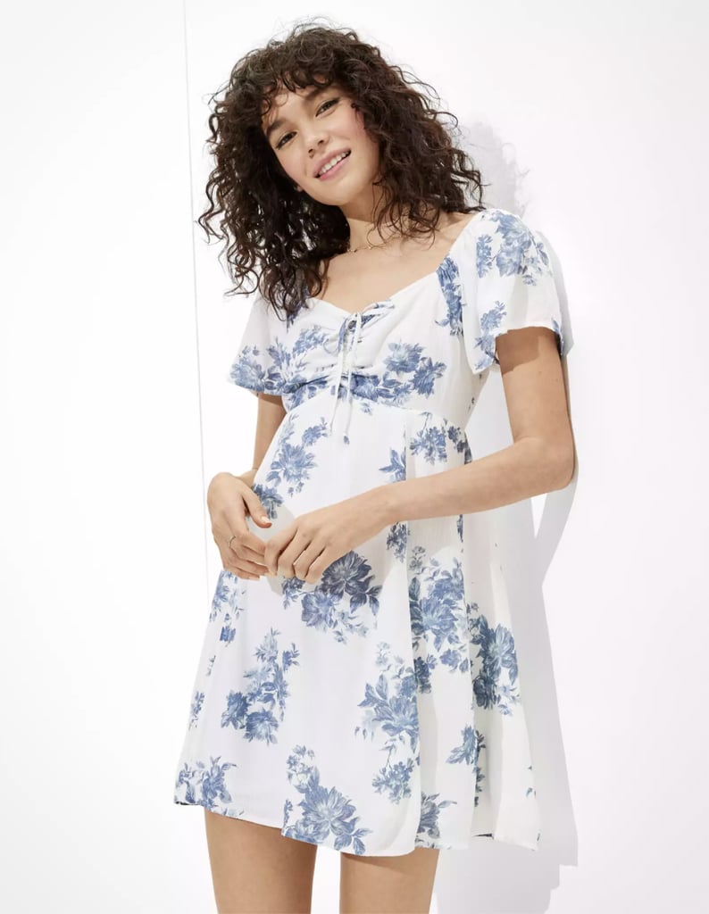 Feminine and Sweet AE Ruched Flutter Sleeve Mini Dress American