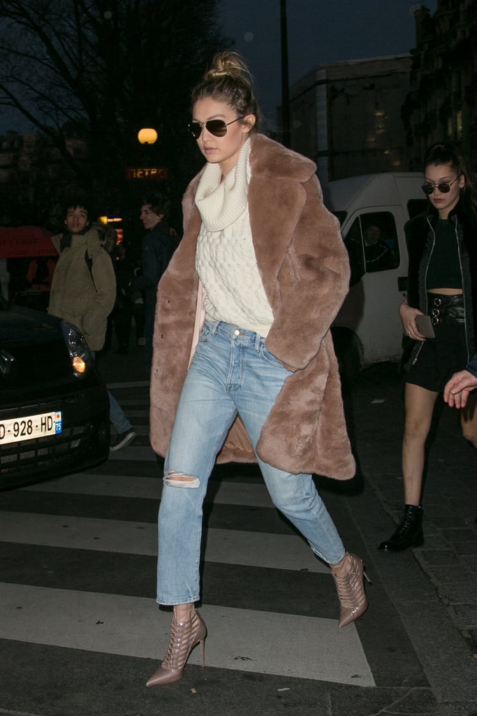 Gigi Hadid Wearing Furry Coat in Paris