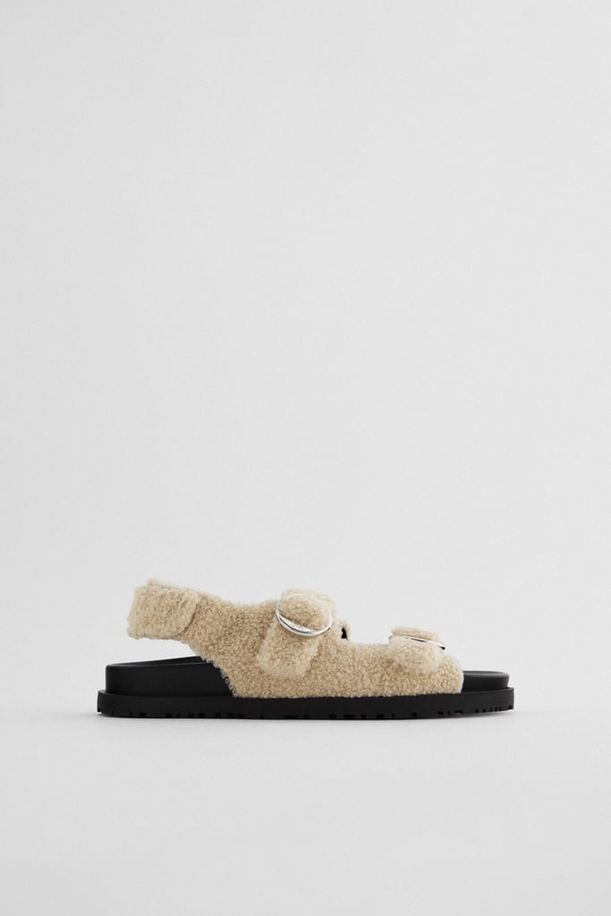 Zara Buckled Flat Sandals With Fur-Lined Straps