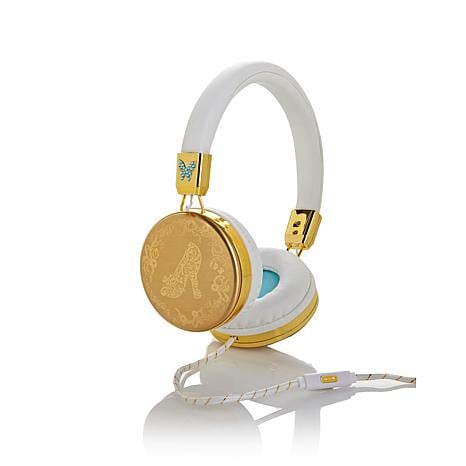 pair of gold headphones