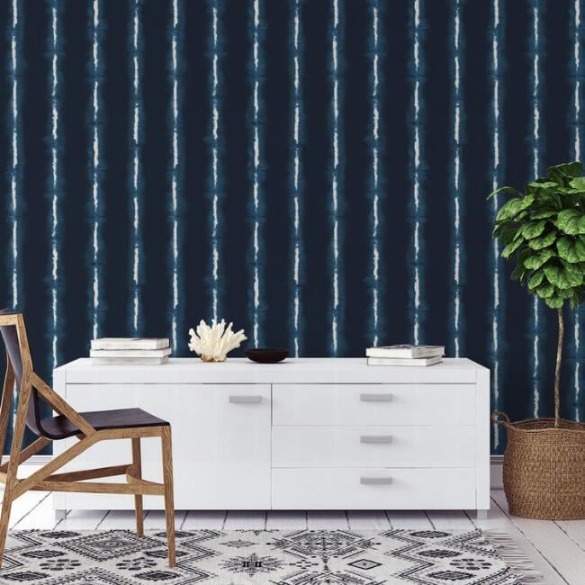 Indigo and White Shibori Stripes Peel and Stick Wallpaper