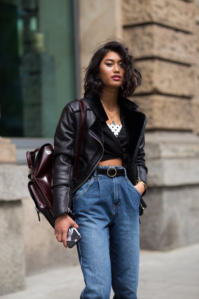 A belted pair, worn under a crop top and leather jacket, brings a sassy edge.