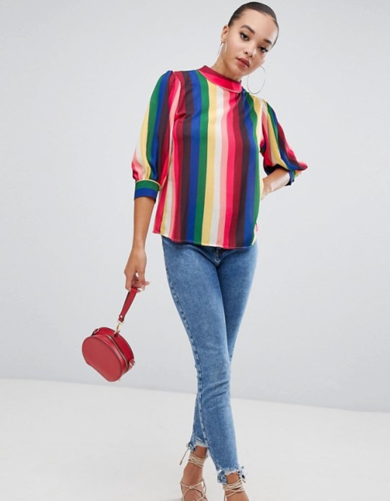 Boohoo Rainbow Stripe Balloon Sleeve Blouse