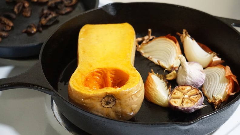 butternut squash mac and cheese recipe: roasting squash, garlic, and onions