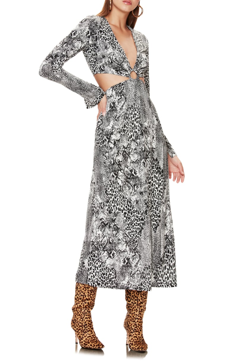 Afrm Lola Leopard Print Cutout Detail Long Sleeve Midi Dress