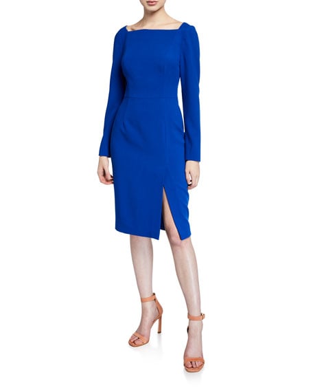 Black Halo Rachel High-Neck Long-Sleeve Sheath Dress with Slit