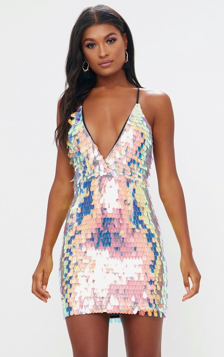 Pretty Little Thing Nude Strappy Plunge Sequin Bodycon Dress
