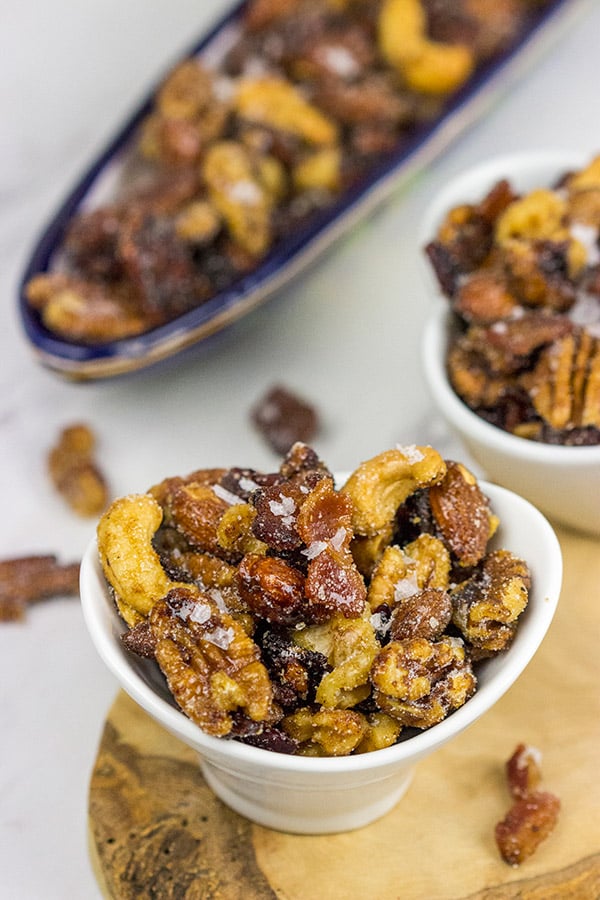 Make-Ahead Appetizer: Maple Glazed Mixed Nuts with Candied Bacon