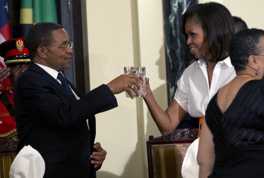Michelle Obama toasted Tanzanian President Jakaya Kikwete during an official dinner in Dar es Salaam in July 2013.