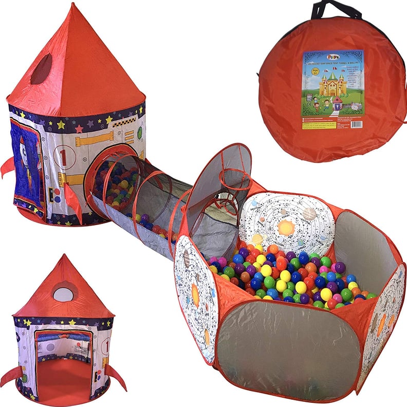 Rocket Ship Play Tent, Tunnel, and Ball Pit With Basketball Hoop